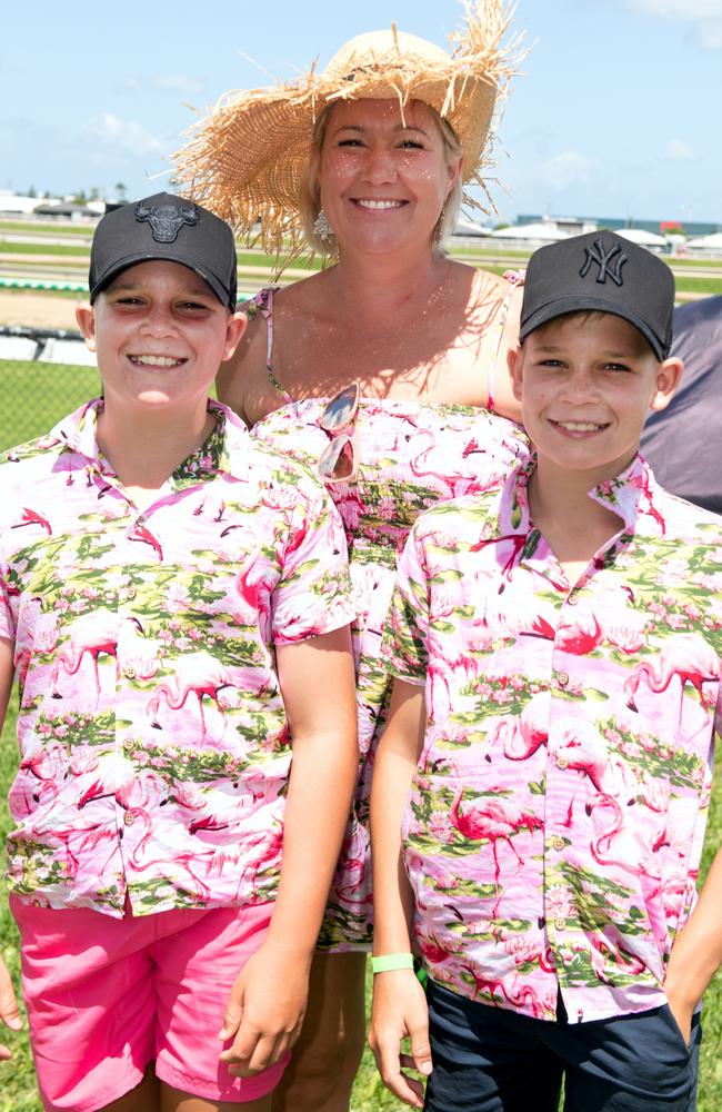 Cooper, Kacey and Chad Sander from Andergrove at the Hawaiian Christmas Race Day. Mackay Turf Club, Ooralea. Picture: Michaela Harlow
