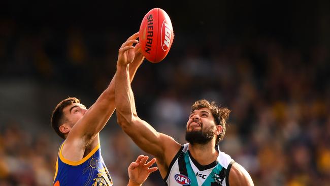 Paddy Ryder baddles with Scott Lycett of the Eagles in Round 15. Picture: Picture: Daniel Carson/Getty Images