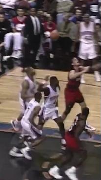 Mutombo blocks three straight shots then wags finger