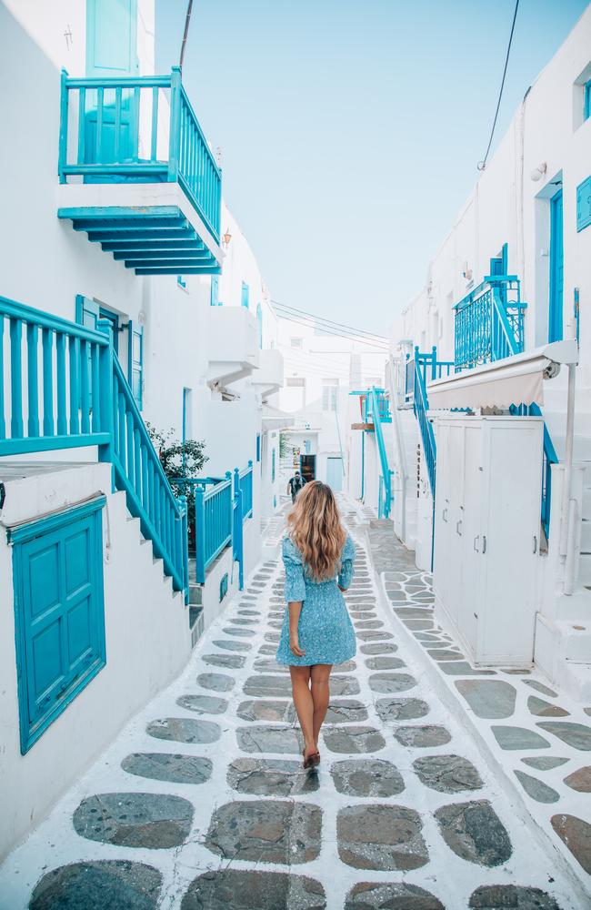 Nothing beats the beautiful, traditional white and blue alleys of Mykonos.