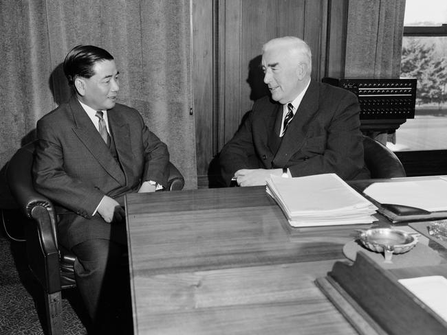 Prime minister Robert Menzies meets with President of Vietnam, Ngo Dinh Diem, at Parliament House in Canberra in 1957. Picture: National Archives of Australia