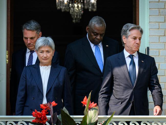 Foreign Minister Penny Wong with Defence Minister Richard Marles, US Defence Secretary Lloyd Austin and US Secretary of State Antony Blinken at the US Naval Academy in Annapolis, Maryland. Picture: AFP