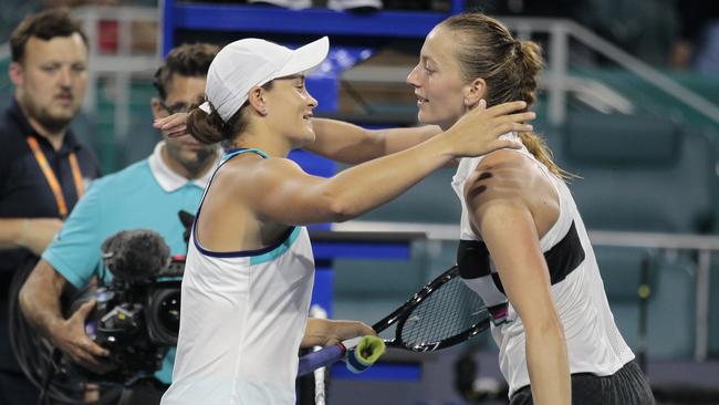 Ashleigh Barty hugs Petra Kvitova.                                 (AP Photo/Luis M. Alvarez)