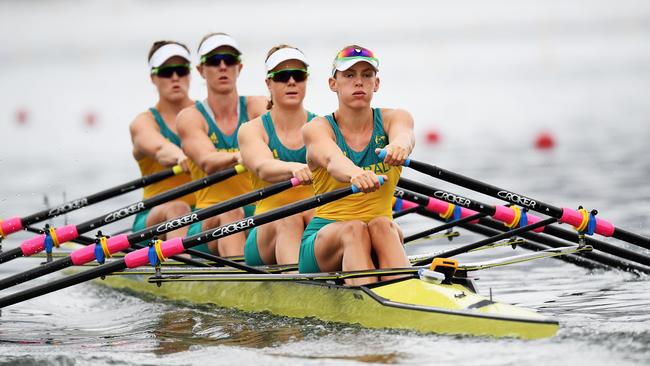 Jessica Hall (back left) competing in Rio for Australia, with Kerry Hore, Jennifer Cleary and Madeleine Edmunds. (Photo by Matthias Hangst/Getty Images)