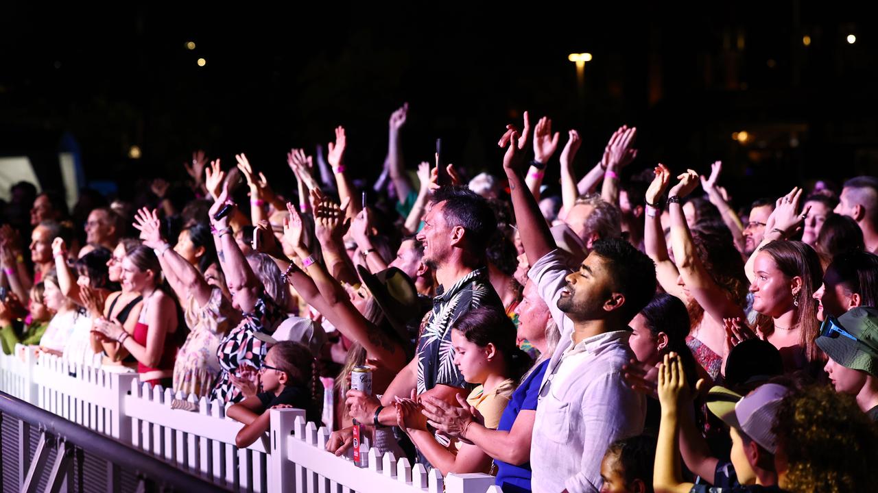 Xavier Rudd performs for a large crowd at Munro Martin Parklands during his Freedom Sessions Australian tour. Picture: Brendan Radke