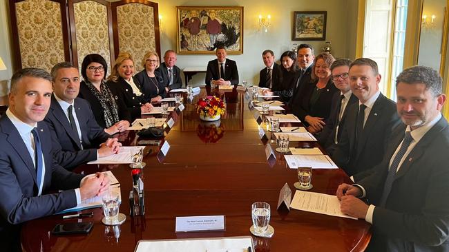 Ministers, including Premier Peter Malinauskas, during a cabinet meeting at Government House on September 11 after the Queen died and before the King's proclamation. Deputy Premier Susan Close was away. Picture: State Government,