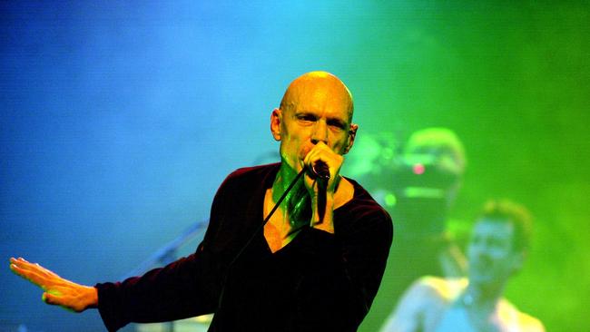 Lead singer for Midnight Oil, Peter Garrett, onstage at the Newtown Theatre. Midnight Oil put a special secret concert as part of their warm up to their forthcoming National tour. (AAP PHOTO/Dean Lewins).