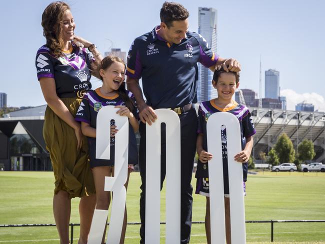 Billy Slater with his family before 300th NRL game. Picture: Jono Demos