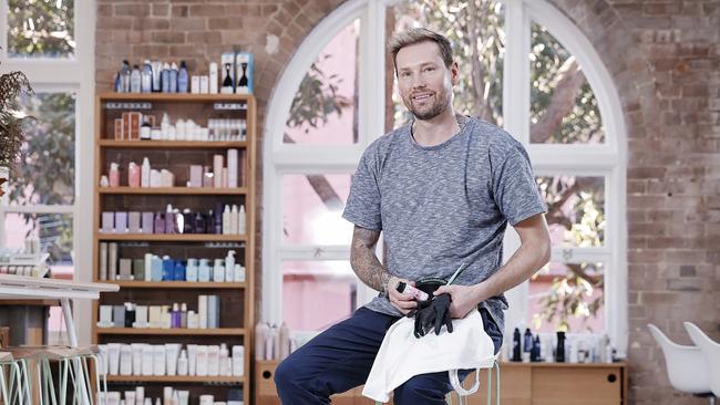 Remington Meyer from Edwards &amp; Co hairdressers in Surry Hills is sending customers DIY hair colours to look good for Zoom meetings. Picture: Sam Ruttyn