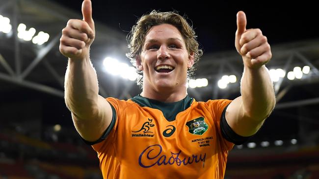 BRISBANE, AUSTRALIA - JULY 17: Michael Hooper of the Wallabies thanks the crowd as he celebrates victory during the International Test Match between the Australian Wallabies and France at Suncorp Stadium on July 17, 2021 in Brisbane, Australia. (Photo by Albert Perez/Getty Images)