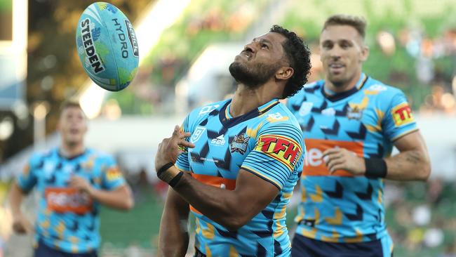 Jonus Pearson celebrates after crossing for a try for the Gold Coast Titans during the NRL Nines match in February 2020. (Photo by Paul Kane/Getty Images)