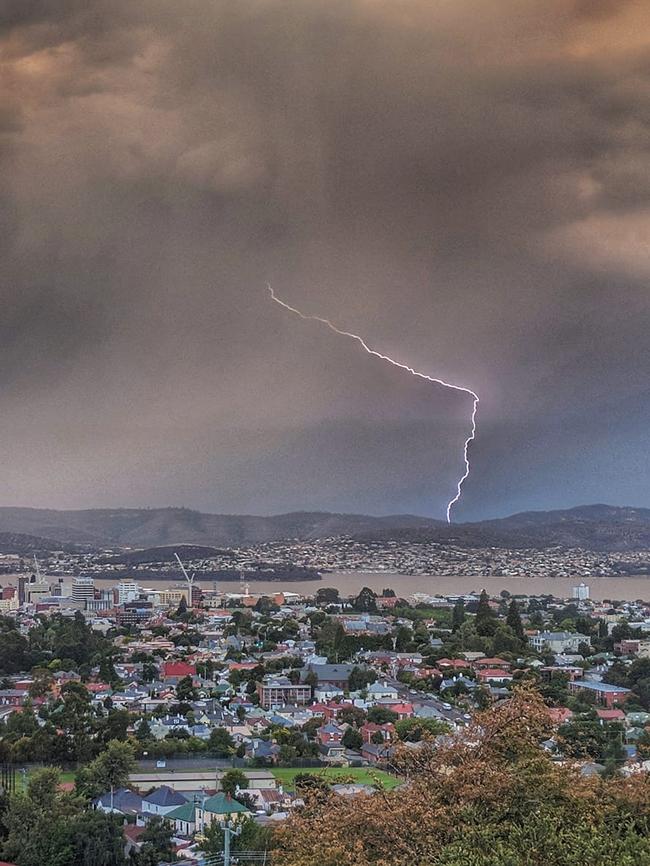 Lightning over Hobart. Picture: JEREMY O’WHEEL