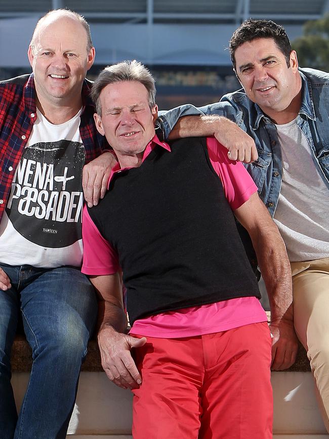 Billy Brownless, Sam Newman and Garry Lyon before a<i> The Footy Show </i>live show in Adelaide. Picture: Calum Robertson