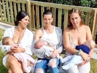 Gold Coast mums Stephanie Ruzic, Shannon Laverty and Aliesha Fry will join about 50 other women inside Pacific Fair to breastfeed their babies in protest after one mum was told to "move on" by a female concierge while breastfeeding her young son. Picture: Supplied.