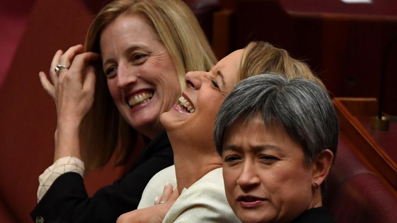 Senator Katy Gallagher (left) Senator Kristina Keneally and Senator Penny Wong are among those accused of ‘mean girl’ behaviour.