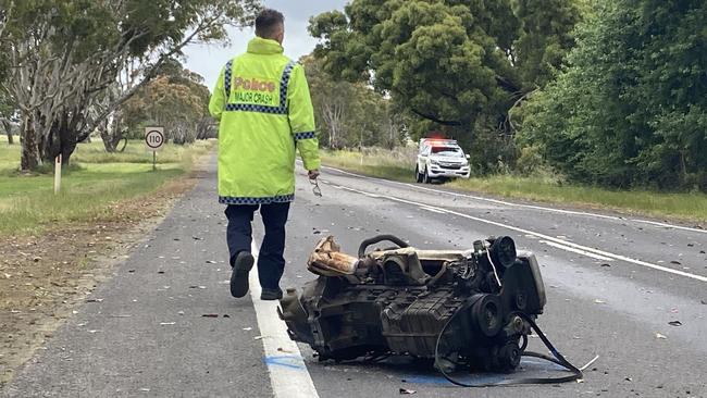 Major Crash on the scene investigating a single car crash that killed a 31-year-old Mount Gambier man at Tarpeena early Sunday morning. Picture: Arj Ganesan