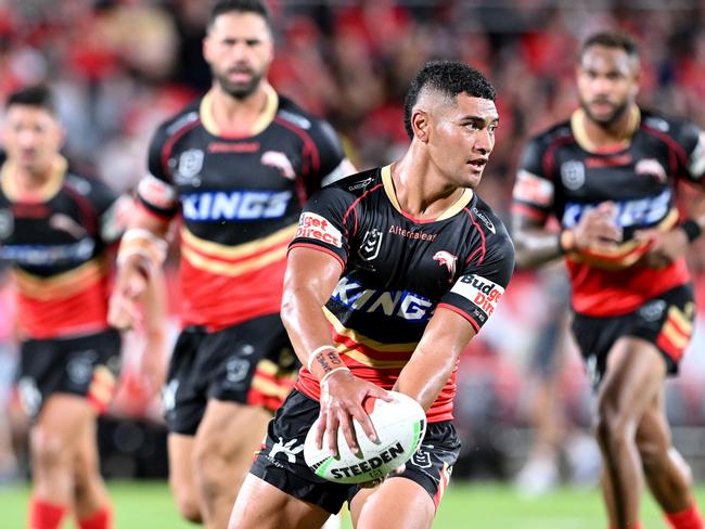 BRISBANE, AUSTRALIA - MARCH 17: Isaiya Katoa of the Dolphins looks to pass during the round two NRL match between the Dolphins and St George Illawarra Dragons at Kayo Stadium, on March 17, 2024, in Brisbane, Australia. (Photo by Bradley Kanaris/Getty Images)