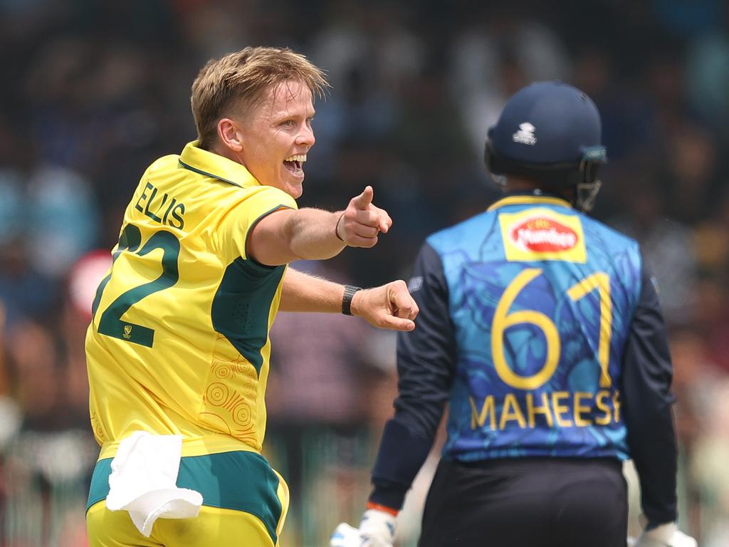 Nathan Ellis celebrates after taking the wicket of Maheesh Theekshana. Picture: Getty Images