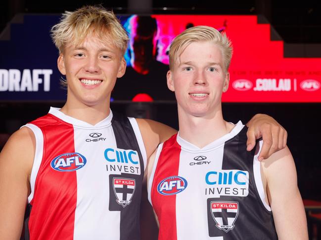 St Kilda draftees Alix Tauru and Tobie Travaglia. Picture: Dylan Burns/AFL Photos