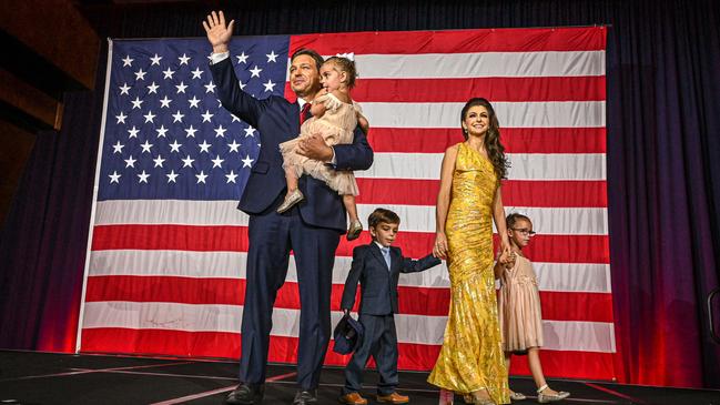 Ron DeSantis with wife Casey and children Madison, Mason and Mamie leave the stage in Tampa, Florida, on Tuesday. Picture: AFP