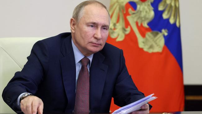 Vladimir Putin chairs a meeting of the Council for Strategic Development and National Projects via video link at his state residence outside Moscow, on Thursday. Picture: AFP