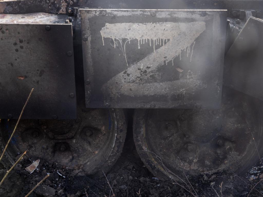 The letter "Z" is seen on a burnt, destroyed Russian tank on March 31, 2022 in Malaya Rohan, Ukraine. Picture: Chris McGrath/Getty Images