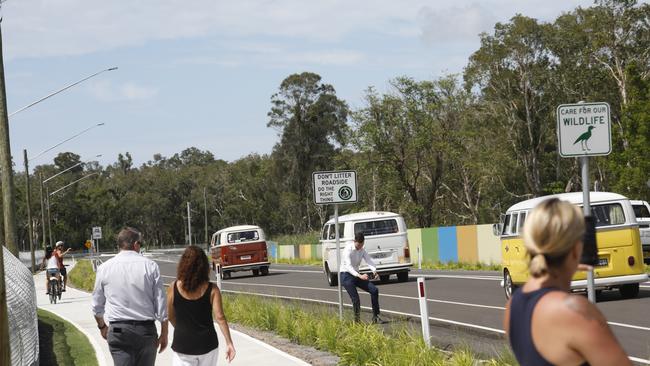 A convoy of Kombi vans were the first to travel along the new Byron Bay Bypass on Saturday, February 27, 2021. Picture: Liana Boss