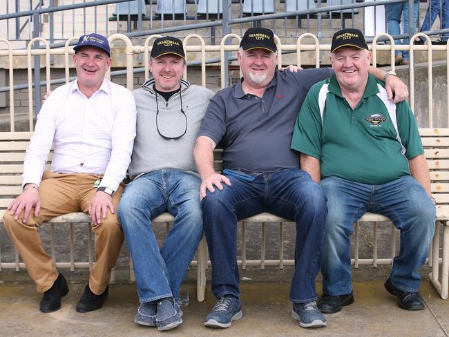 Werribee light run today Melbourne cup horse trainer & owners of Heartbreak City Left to right Tony Martin Charlie GavilÃ¡n Niall Reilly Aidan Sheils watch Heart break city today Picture:Wayne Ludbey