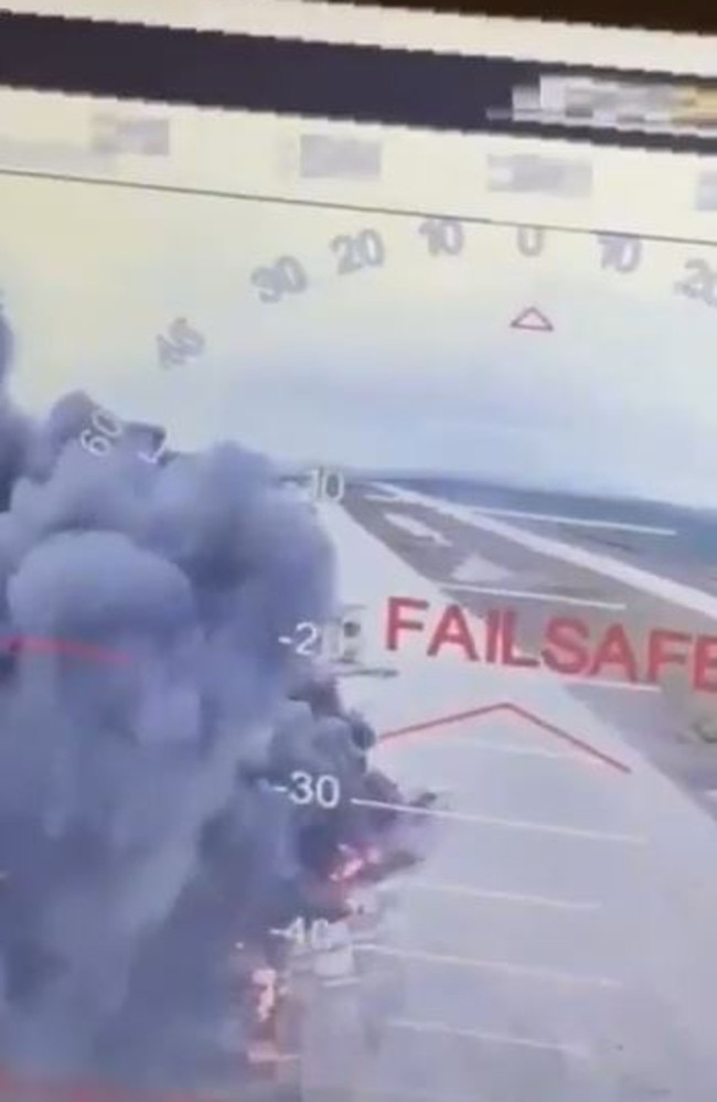 A screenshot of a video showing a Ukrainian drone attack on an aircraft in Russia.