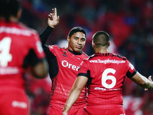 HAMILTON, NEW ZEALAND - NOVEMBER 04:  Jason Taumalolo of Tonga celebrates  after winning the 2017 Rugby League World Cup match between Samoa and Tonga at Waikato Stadium on November 4, 2017 in Hamilton, New Zealand.  (Photo by Anthony Au-Yeung/Getty Images)