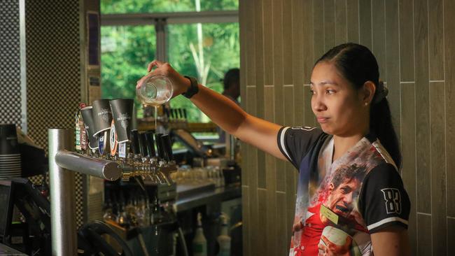 Mindil Beach Casino Barkeep Minerva Luciano aghast at a shortage of Tap Beer in the Top End. Picture: Glenn Campbell