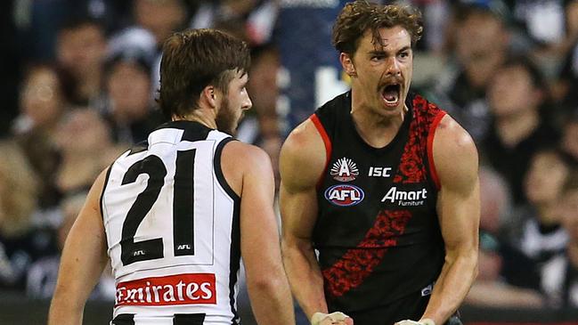 Joe Daniher celebrates a goal on Anzac Day last year against Collingwood. Picture: Michael Klein.