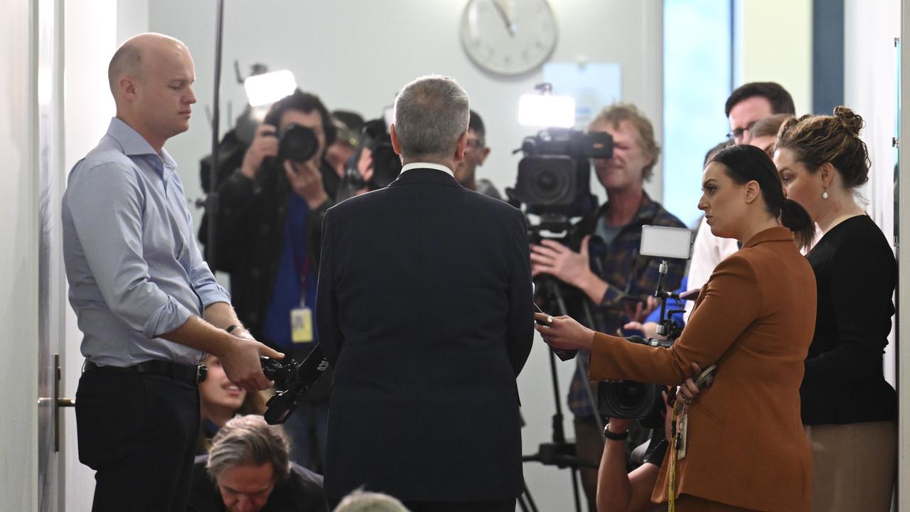 Mr Shorten spoke to reporters after firing up on the NDIS ripoffs. Picture: NCA NewsWire / Martin Ollman