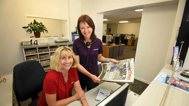 Jo Salmon and Sharon Turner at the front counter in the Gympie Times Office. Picture: Renee Albrecht