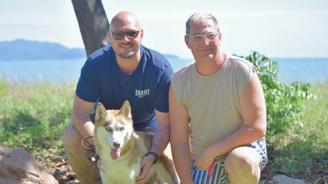 Regional NSW couple Daniel Loader and Martin Geyer were reunited with stolen dog Nova after a 22 hour journey to Townsville. Picture: Holly Fishlock.