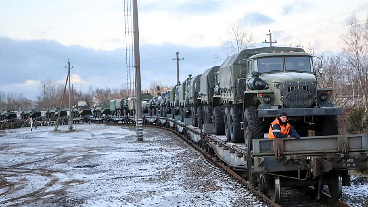 Russian troop train transporting military vehicles arriving for drills in Belarus – which just happens to border Ukraine. Picture: Ministry of Defence Republic of Belarus/AFP