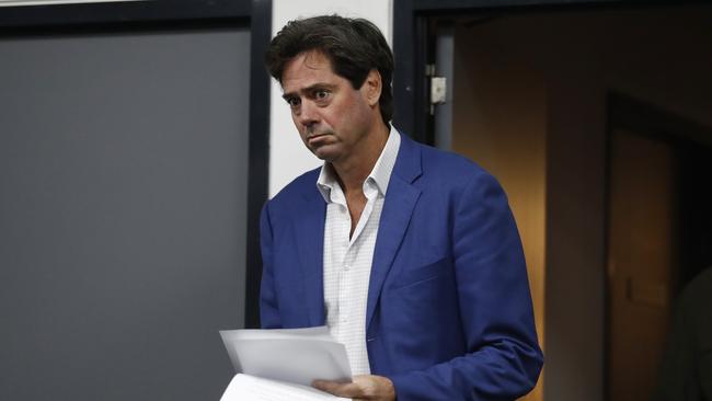 Gillon McLachlan walks in to announce the AFL’s findings into their investigation of Hawthorn. (Photo by Darrian Traynor/Getty Images)