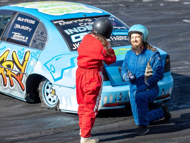 Eric Latimore proposes to his now Fiance Patty Atkins during the burnout session at Brashernats.Picture Thomas Lisson