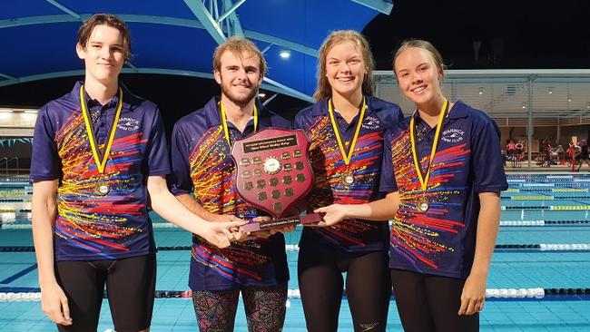 LAP OF VICTORY: Warwick Swimming Club Relay Team at WP Kemp Carnival Caitlin Skaines (Backstroke) Kyle Dumigan (Breaststroke) Will Gilmore (Butterfly) Lily Osborne (Freestyle).