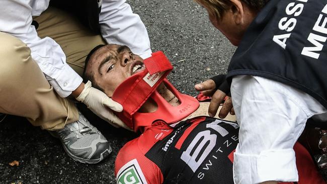 Richie Porte receives medical assistance after falling during the ninth stage of last year’s Tour de France. Picture: AFP