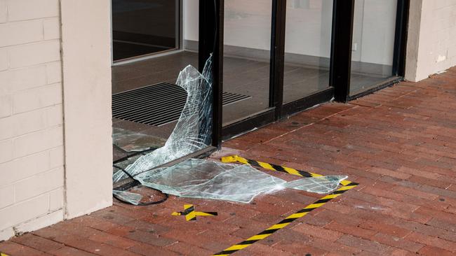 A damaged shopfront to the BankSA at Colonnades Shopping Centre. Picture: Morgan Sette