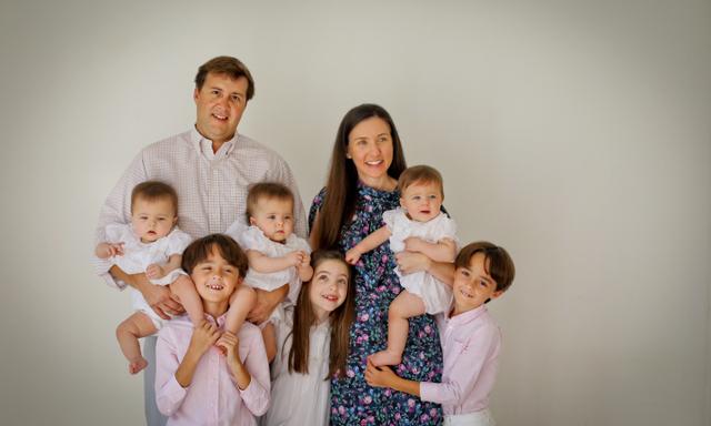 Courtney Garrett and her husband Philip with their two sets of triplets. See SWNS story NYTRIPLETS. A mom has defied minuscule odds to have two sets of TRIPLETS - with the second set born by a medical miracle after she fell pregnant naturally at the same time as conceiving via IVF. Courtney Garrett, 38, and her husband Philip, 42, now have six little ones after years of fertility struggles which left them fearing they might never have children at all. The couple turned to IVF after struggling to conceive naturally and were "ecstatic" to discover they were expecting triplets after having two embryos implanted, one of which split.