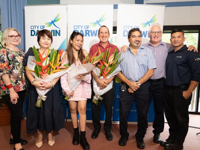 Councillor Kim Farrar; Community Activity of the Year Award winner, Lan Anh Dam from the Vietnamese Lantern Festival; Young Citizen of the Year Award winner, Jules Gabor; Citizen of the Year Award winner, John Gregory Tate; Councillor Peter Pangquee; Lord Mayor Kon Vatskalis, Councillor Jimmy Bouhoris