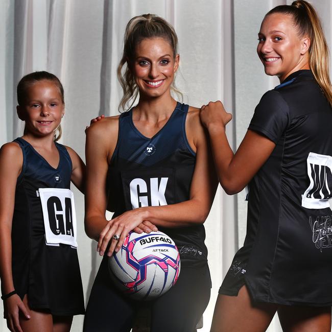 Laura Geitz, with Olivia Stariha, 9, and Teagan Levi, 16, has teamed up with Aussie activewear brand Tribal Sport to launch the performance-based Tribal Netball Geitzy range. Picture: Adam Head