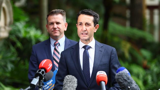 LNP leader David Crisafulli and his deputy Jarrod Bleijie at a press conference in Brisbane. Picture: NewsWire/Tertius Pickard