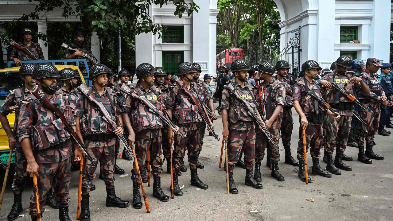 Border Guard Bangladesh (BGB) personnel stand guard during a protest on July 31, 2024. Picture: Munir Uz Zaman/AFP