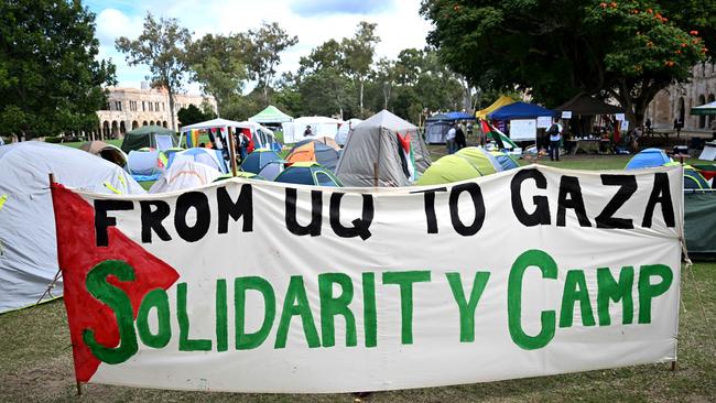 ‘From UQ to Gaza’ sign at the Pro-Palestinian camp at the University of Queensland. Picture: Dan Peled / NCA NewsWire