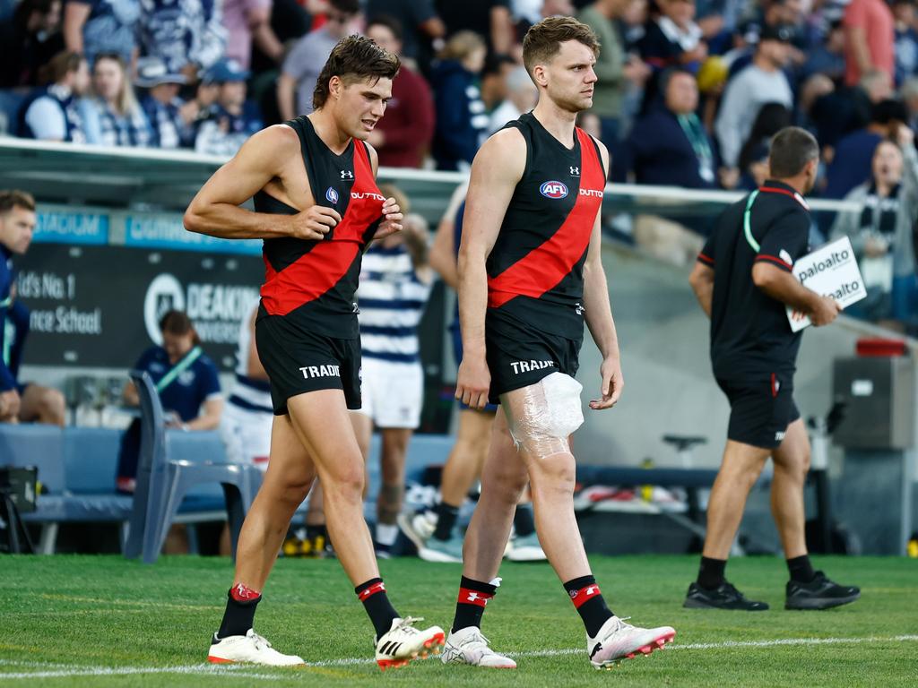 Jordan Ridley with his quad heavily iced after he re-injured it in Geelong on Friday. Picture: Michael Willson/AFL Photos via Getty Images.