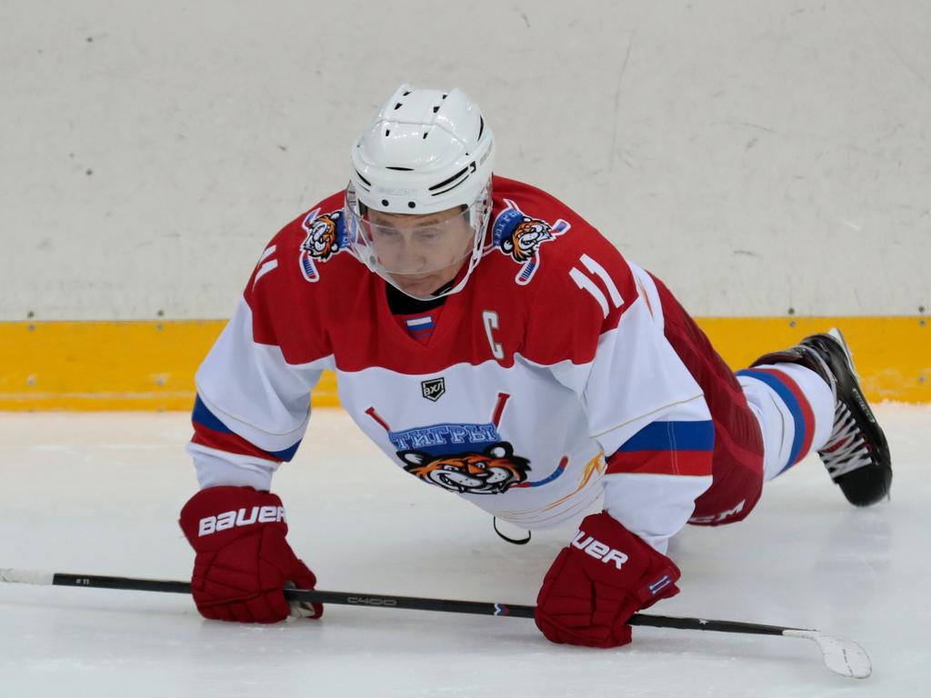 Putin warms up before playing an ice hockey game at Shayba Arena in the Black sea resort of Sochi, Russia, while meeting with Lukashenko. Picture: AFP