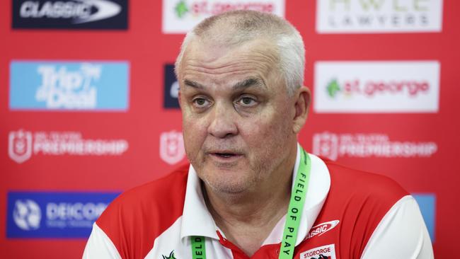 SYDNEY, AUSTRALIA – MARCH 12: Dragons head coach Anthony Griffin speaks to the media after the round two NRL match between the St George Illawarra Dragons and the Gold Coast Titans at Netstrata Jubilee Stadium on March 12, 2023 in Sydney, Australia. (Photo by Matt King/Getty Images)